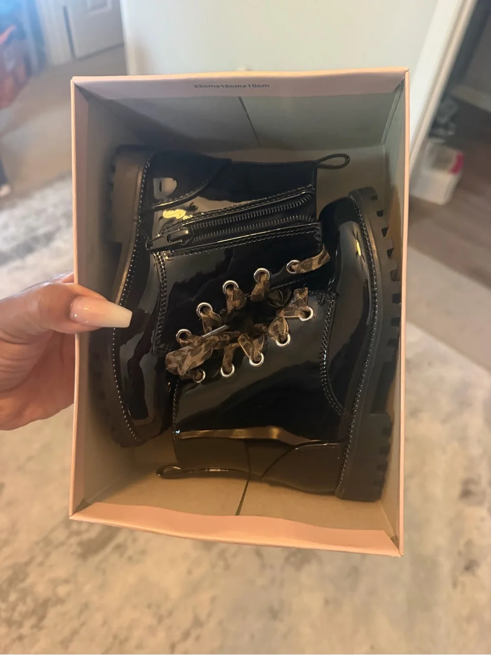 Kids Glossy Black Lace-Up Combat Boot with Patterned Laces